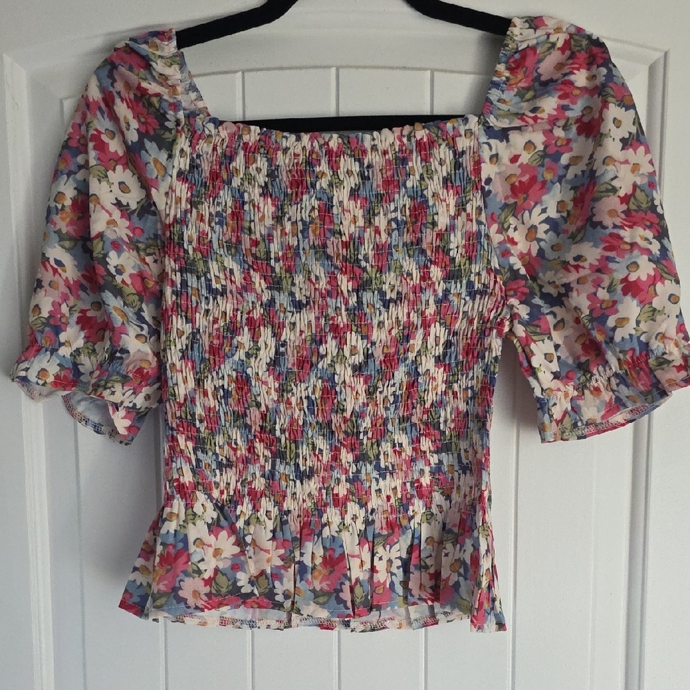 Floral Smocked Blouse with Puff Sleeves